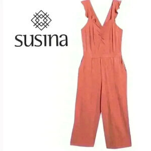 Susina rusty peach terracotta ruffle sleeveless wide leg jumpsuit smocked back s